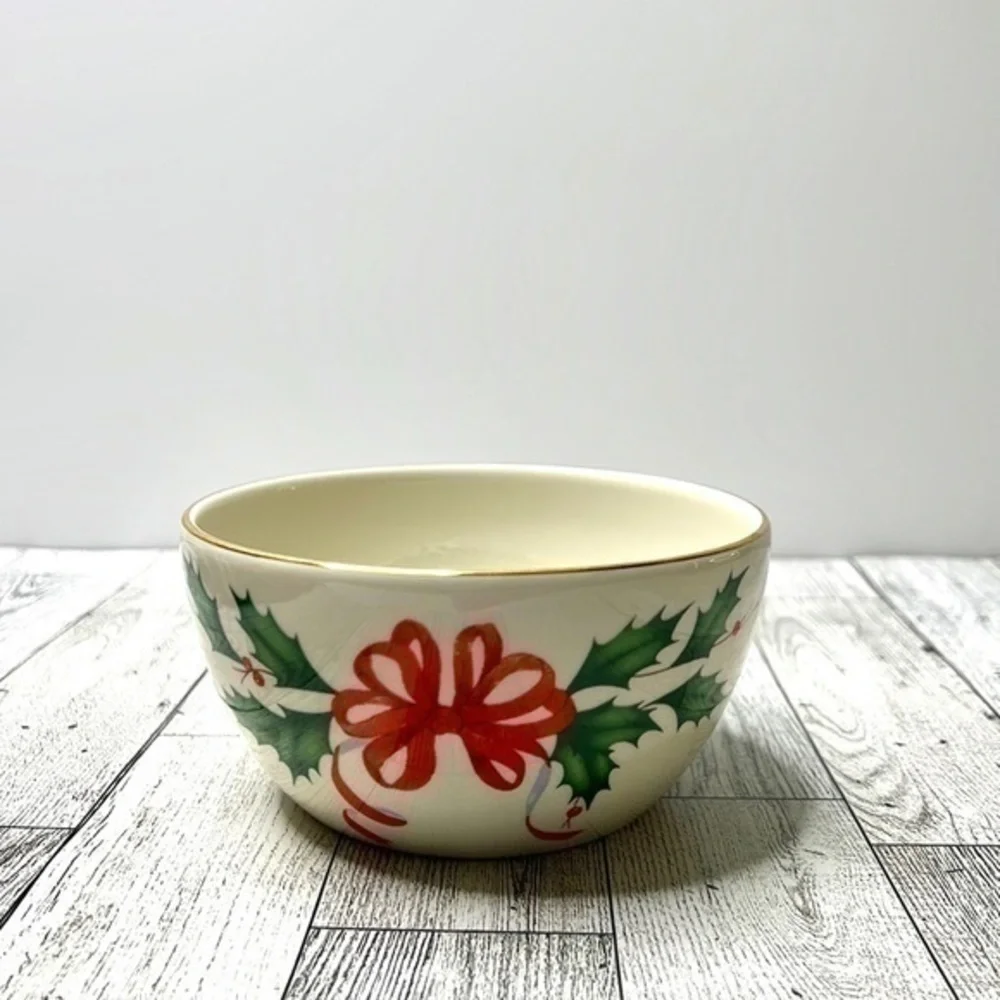 Lenox American By Design Holiday Bowl Green Holly & Red Ribbon Gold Trim